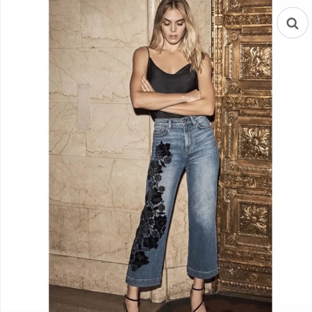 7 For All Mankind Blue Cropped Jeans with Black Floral Embroidery